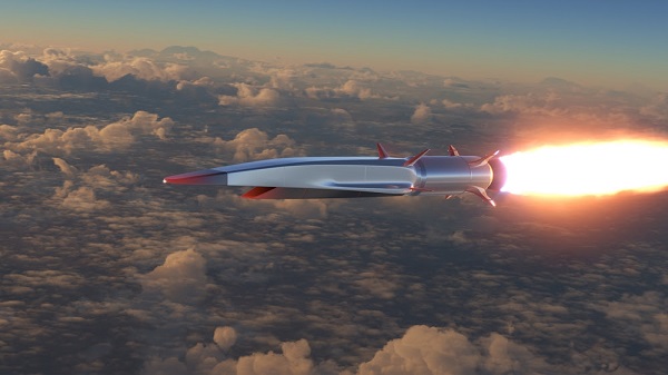 Hypersonic missile flies above the clouds 3d illustration
