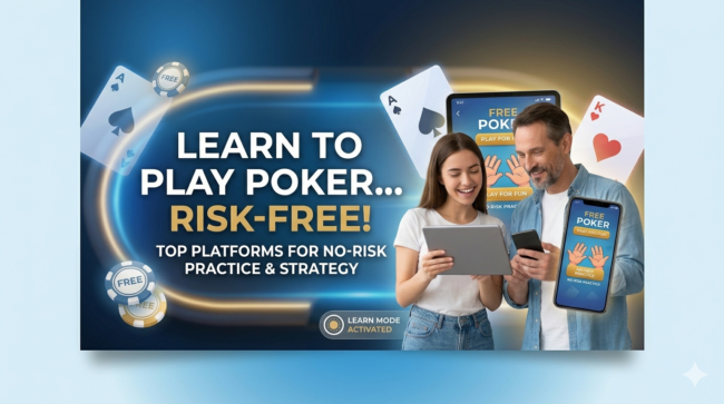 How to Play Poker Online Free A man and woman using a smartphone and a tablet to view apps for free online poker games. The blue digital background includes floating poker chips and cards, and supports the main banner text, which states, 'Learn to Play Poker... Risk-Free!' with options for no-risk practice and strategy.