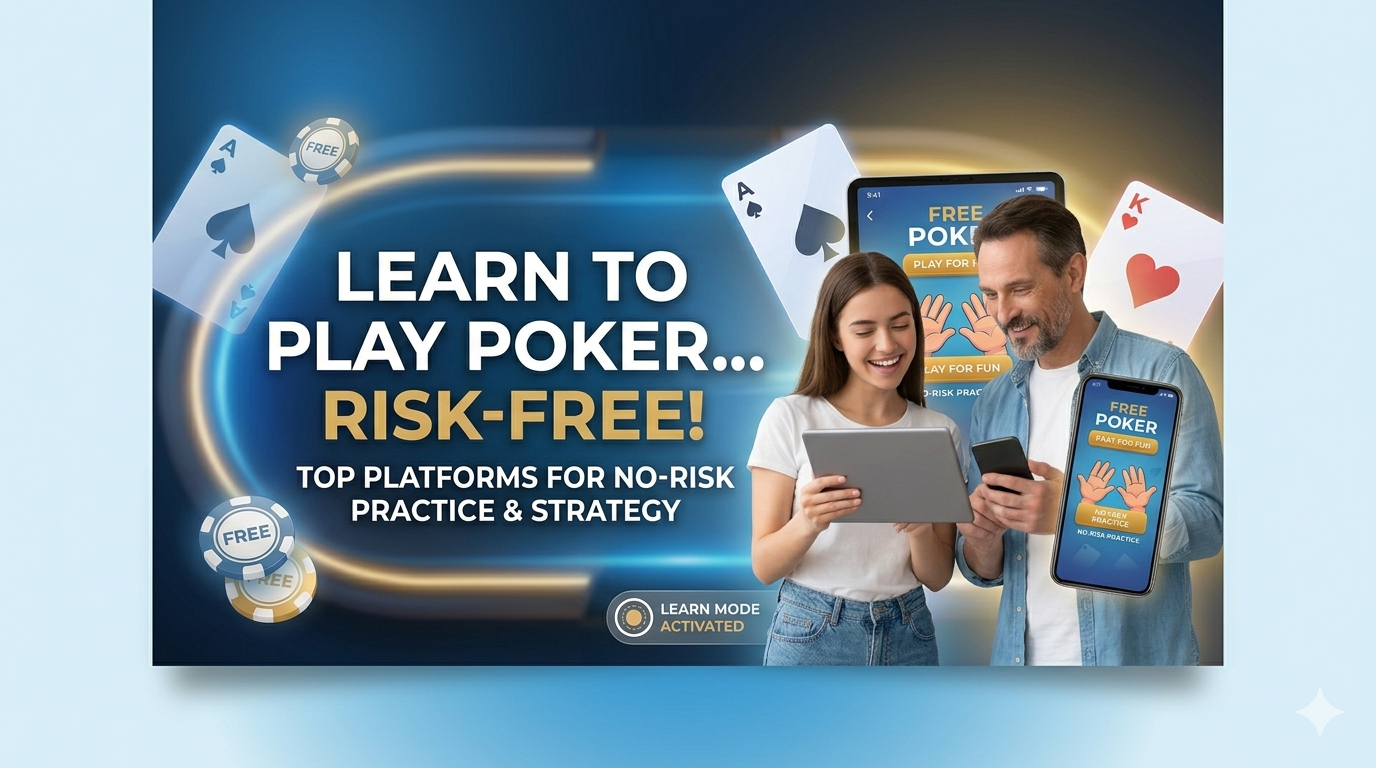A man and woman using a smartphone and a tablet to view apps for free online poker games. The blue digital background includes floating poker chips and cards, and supports the main banner text, which states, 'Learn to Play Poker... Risk-Free!' with options for no-risk practice and strategy.