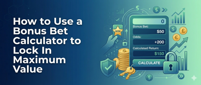 A blog hero image titled 'How to Use a Bonus Bet Calculator to Lock In Maximum Value,' featuring a stylized graphic of a betting calculator and financial symbols on a blue and green digital background.